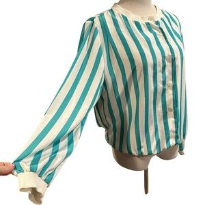Striped Teal and White Women's Vintage Top Satin feel fabric candy striped 12